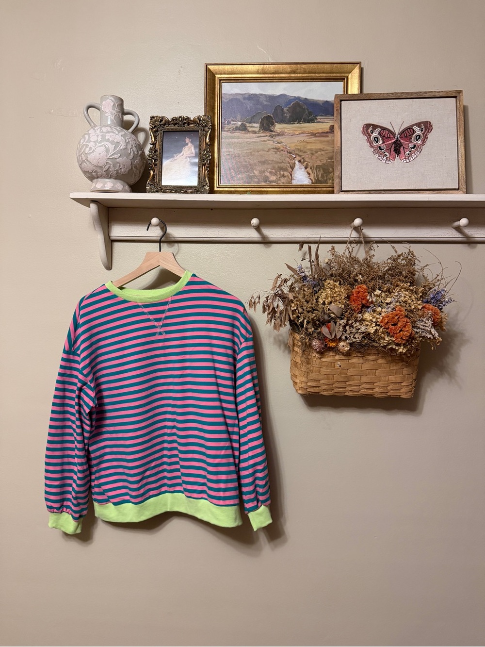 Striped Crewneck Sweatshirt in Pink & Teal with Neon Trim